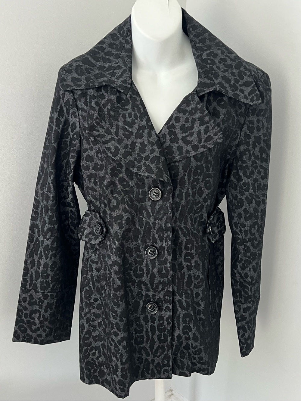 Sandro Sportswear Black/Gray Leopard-Print Trench Coat Sz. L